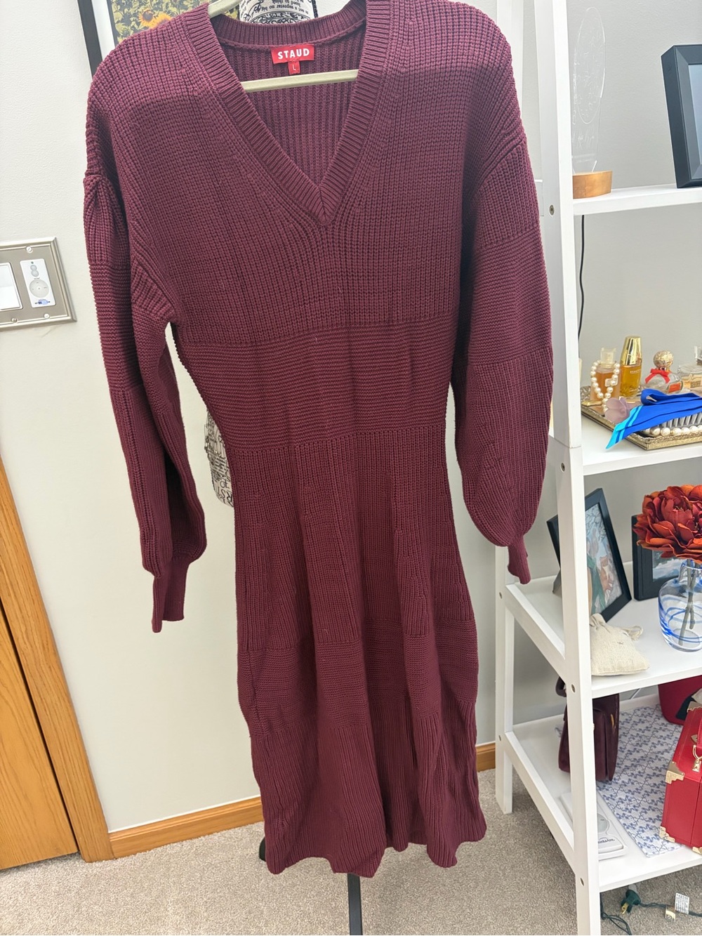 STAUD Burgundy midi Knit V-Neck Sweater Dress